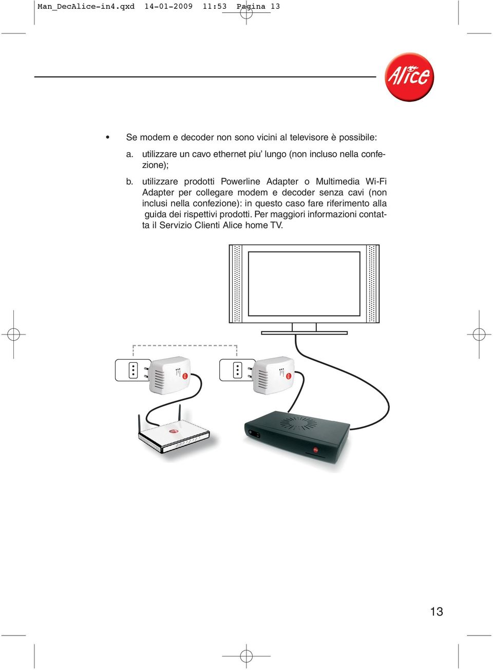utilizzare prodotti Powerline Adapter o Multimedia Wi-Fi Adapter per collegare modem e decoder senza cavi (non