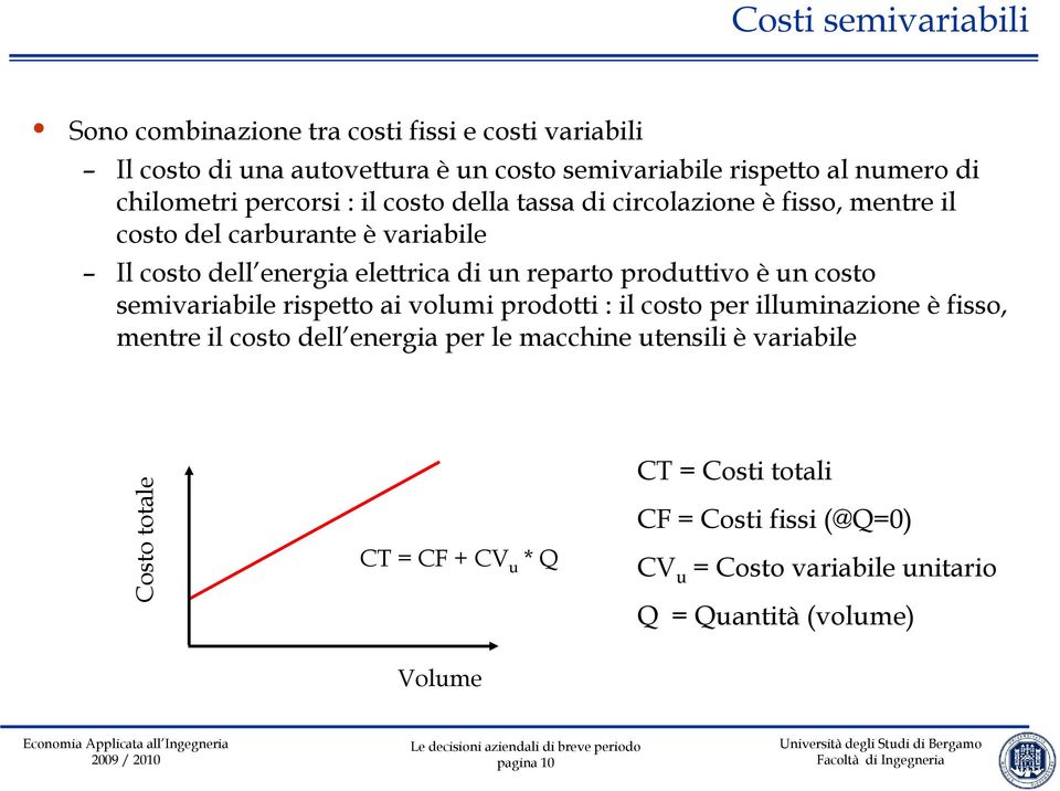 reparto produttivo è un costo semivariabile rispetto ai volumi prodotti : il costo per illuminazione è fisso, mentre il costo dell energia per le macchine