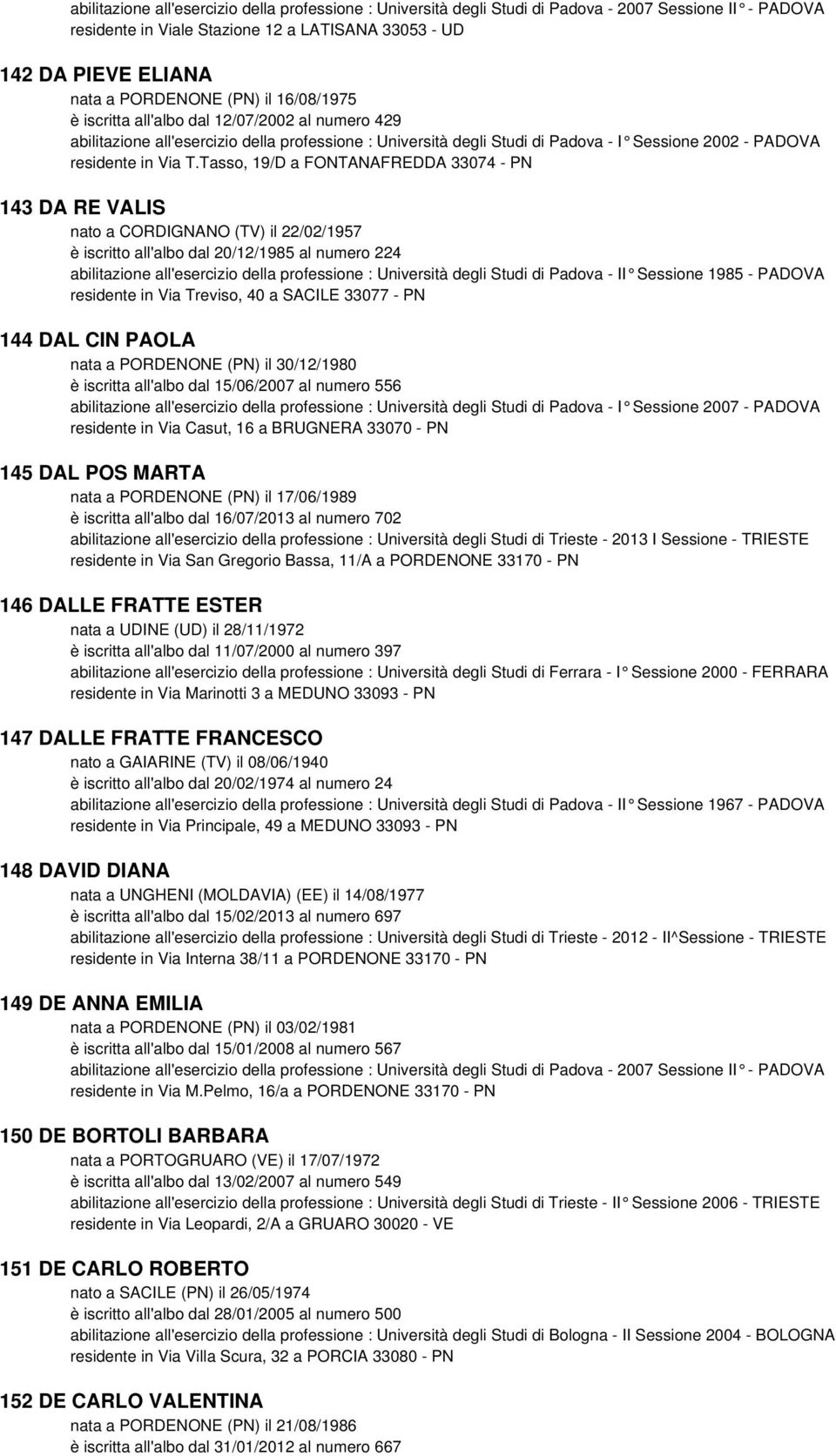 Tasso, 19/D a FONTANAFREDDA 33074 - PN 143 DA RE VALIS nato a CORDIGNANO (TV) il 22/02/1957 è iscritto all'albo dal 20/12/1985 al numero 224 abilitazione all'esercizio della professione : Università