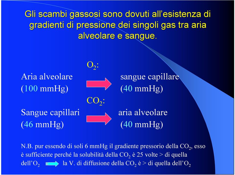 O 2 : Aria alveolare sangue capillare (100 mmhg) (40 mmhg) CO 2 : Sangue capillari aria alveolare (46 mmhg)