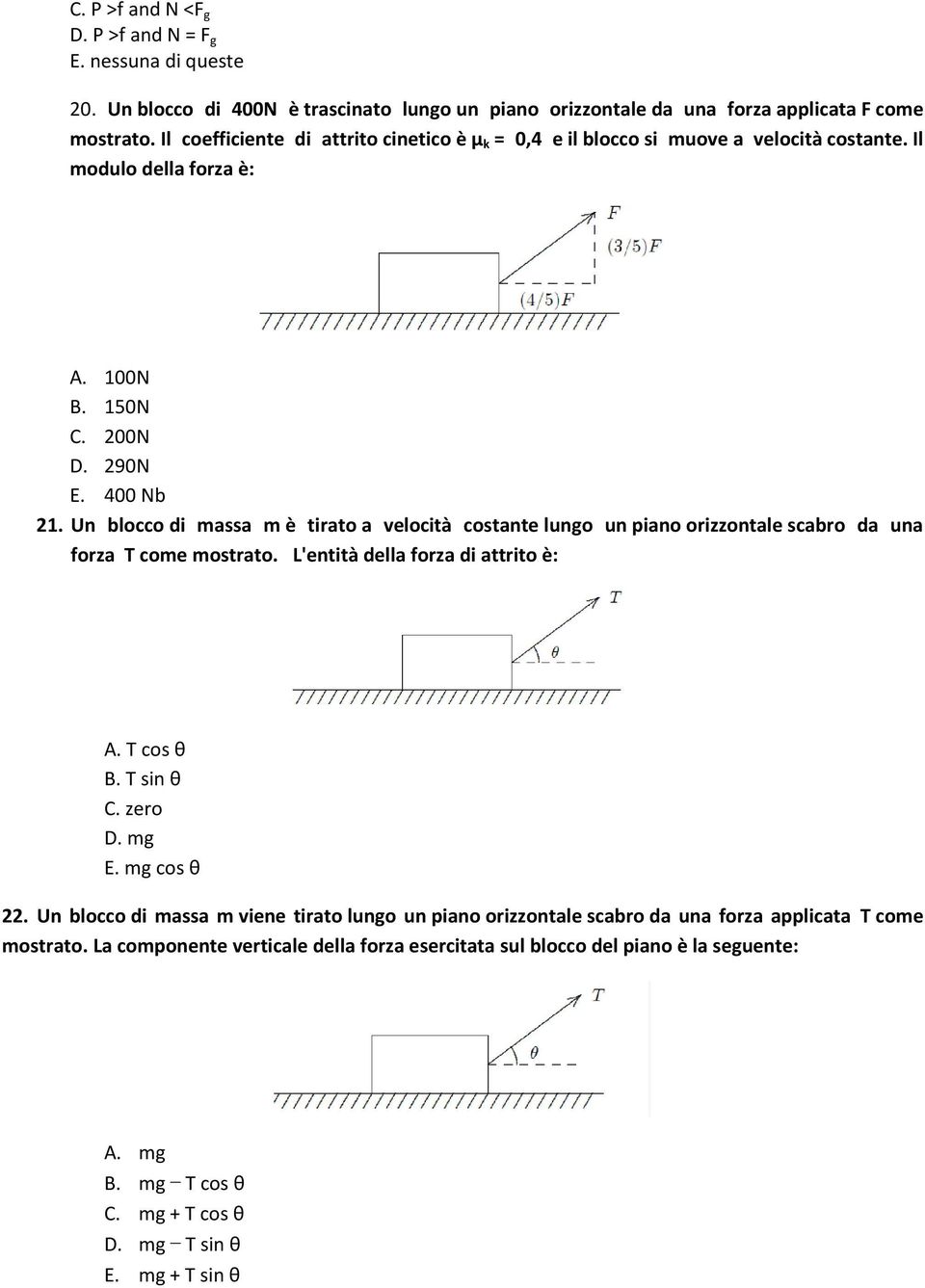 Un blocco di massa m è tirato a velocità costante lungo un piano orizzontale scabro da una forza T come mostrato. L'entità della forza di attrito è: A. T cos θ B. T sin θ C. zero D. mg E.