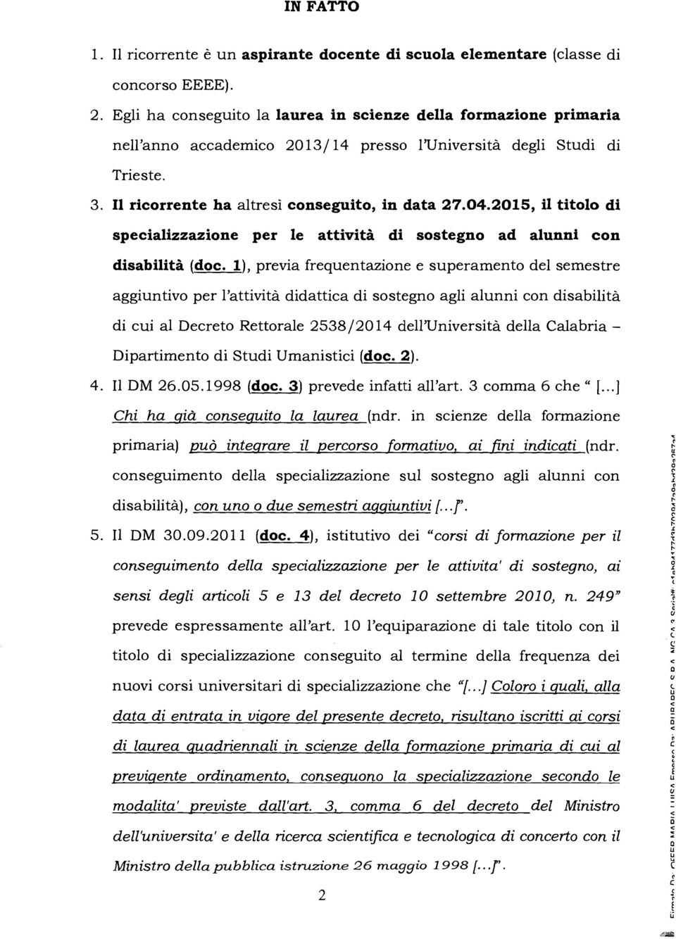 2015, il titolo di specializzazione per le attività di sostegno ad alunni con disabilità (doc.