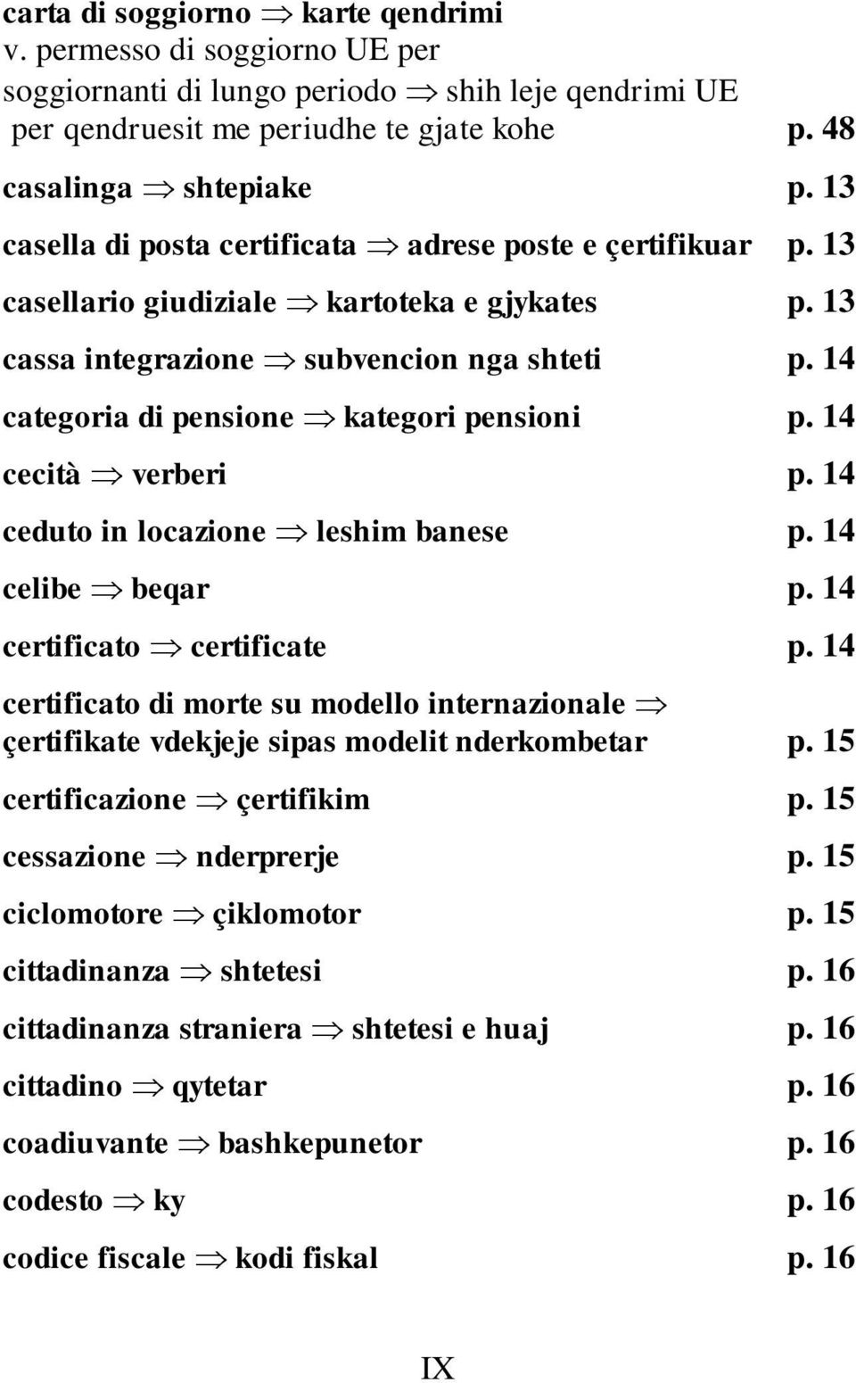 14 categoria di pensione kategori pensioni p. 14 cecità verberi p. 14 ceduto in locazione leshim banese p. 14 celibe beqar p. 14 certificato certificate p.