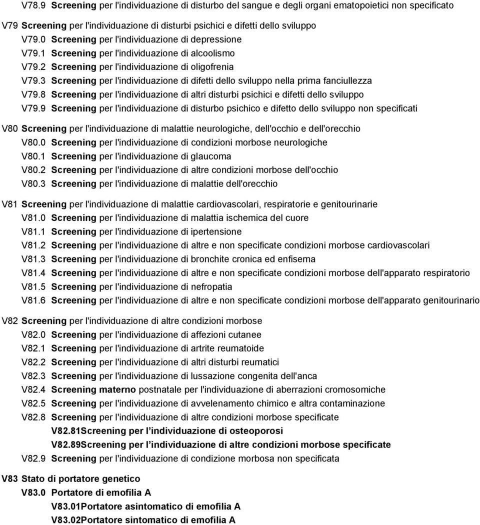 3 Screening per l'individuazione di difetti dello sviluppo nella prima fanciullezza V79.8 Screening per l'individuazione di altri disturbi psichici e difetti dello sviluppo V79.