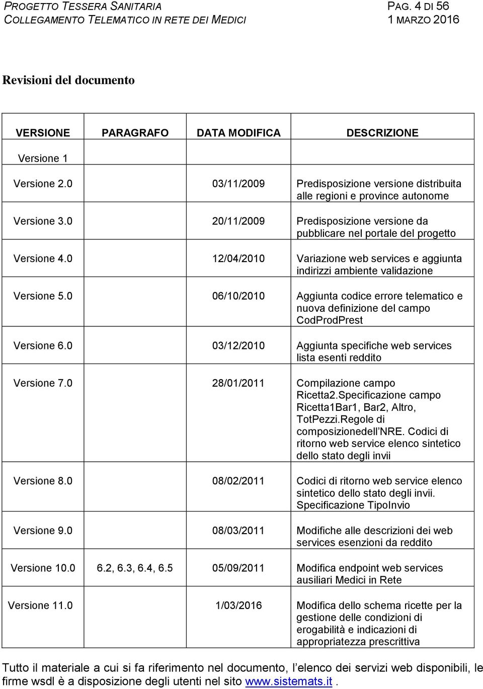 0 12/04/2010 Variazione web services e aggiunta indirizzi ambiente validazione Versione 5.0 06/10/2010 Aggiunta codice errore telematico e nuova definizione del campo CodProdPrest Versione 6.