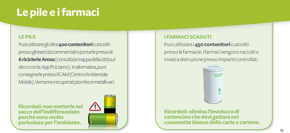 I FARMACI SCADUTI Puoi utilizzare i 450 contenitori custoditi presso le farmacie. I farmaci vengono raccolti e inviati a distruzione presso impianti controllati.