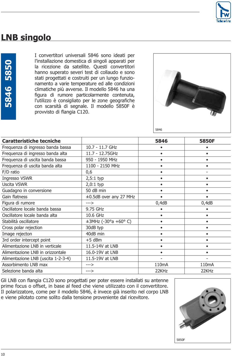 Il modello 5846 ha una figura di rumore particolarmente contenuta, l'utilizzo è consigliato per le zone geografiche con scarsità di segnale. Il modello 585F è provvisto di flangia C12.