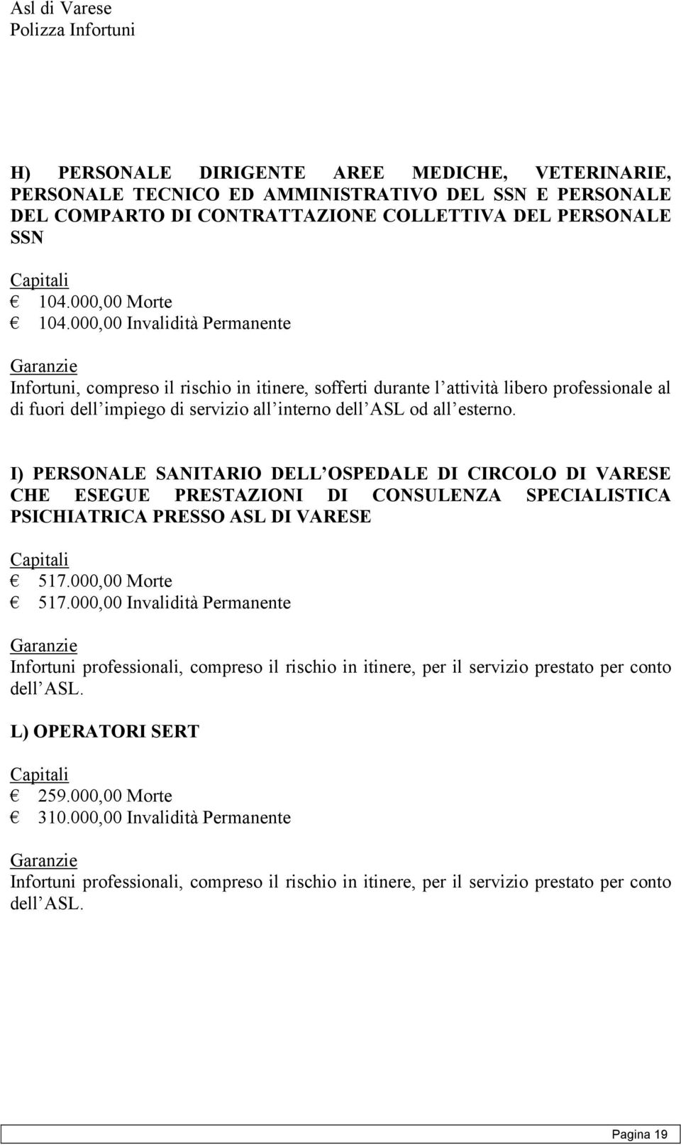 I) PERSONALE SANITARIO DELL OSPEDALE DI CIRCOLO DI VARESE CHE ESEGUE PRESTAZIONI DI CONSULENZA SPECIALISTICA PSICHIATRICA PRESSO ASL DI VARESE 517.000,00 Morte 517.