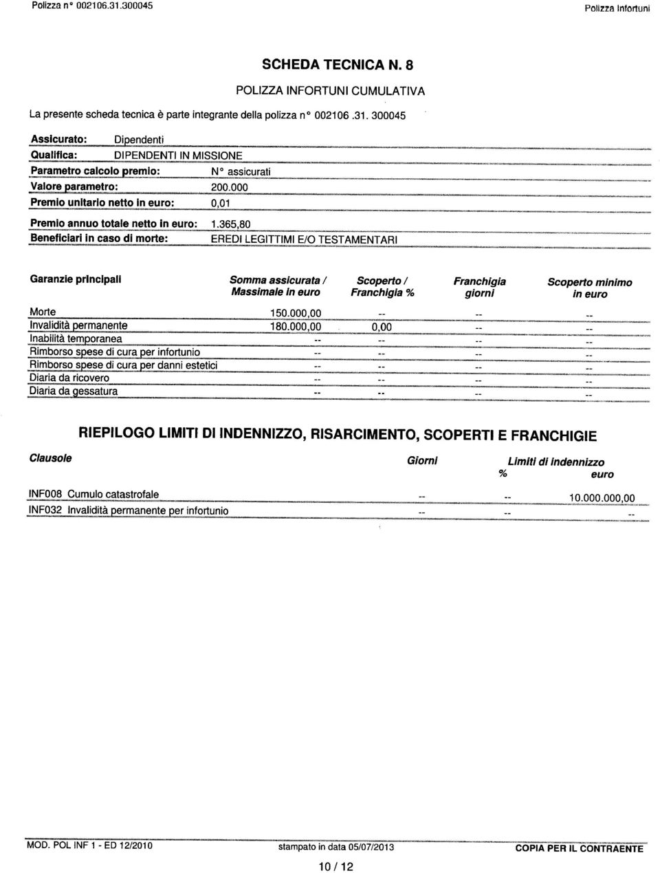 36580 EREDI LEGITTIMI EtO TESTAMENTARI Somma assicurata / Massimale In euro Scoperto/ Franchigia % Franchigia giomi Scoperto minimo in euro