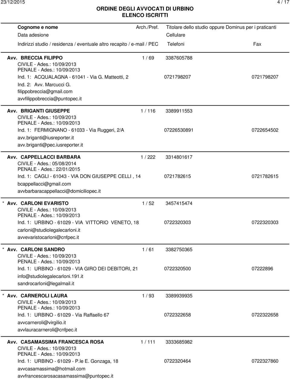 : 05/08/2014 PENALE - Ades.: 22/01/2015 Ind. 1: CAGLI - 61043 - VIA DON GIUSEPPE CELLI, 14 0721782615 0721782615 bcappellacci@gmail.com avvbarbaracappellacci@domiciliopec.it * Avv.