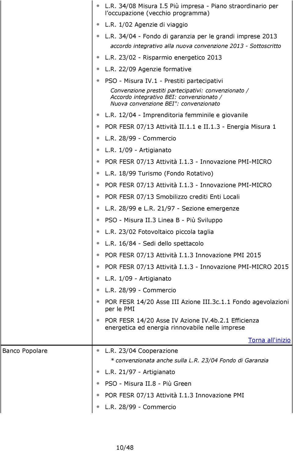 II.3 Linea B - Più Sviluppo L.R. 23/02 Fotovoltaico piccola taglia L.R. 16/84 - Sedi dello spettacolo 2015 2015 POR FESR 14/20 Asse III Azione III.3c.1.1 Fondo agevolazioni per le PMI POR FESR 14/20 Asse IV Azione IV.