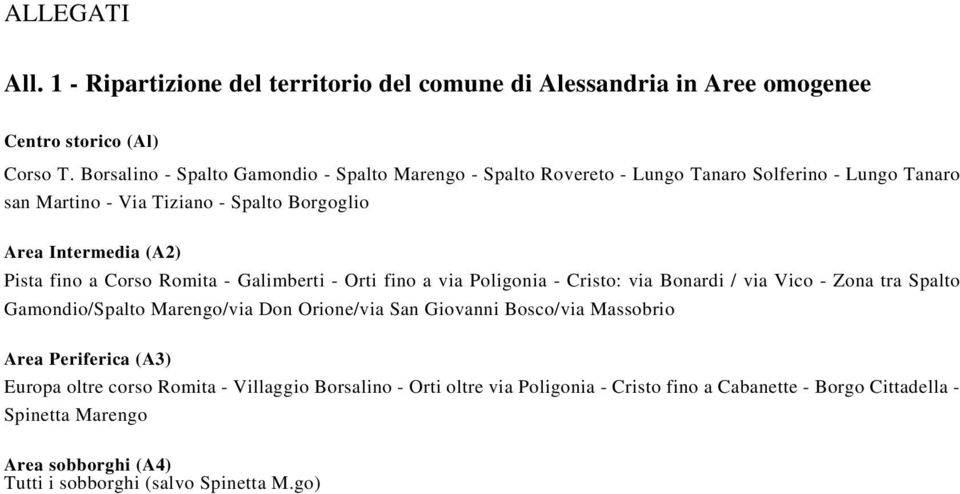 fino a Corso Romita - Galimberti - Orti fino a via Poligonia - Cristo: via Bonardi / via Vico - Zona tra Spalto Gamondio/Spalto Marengo/via Don Orione/via San Giovanni