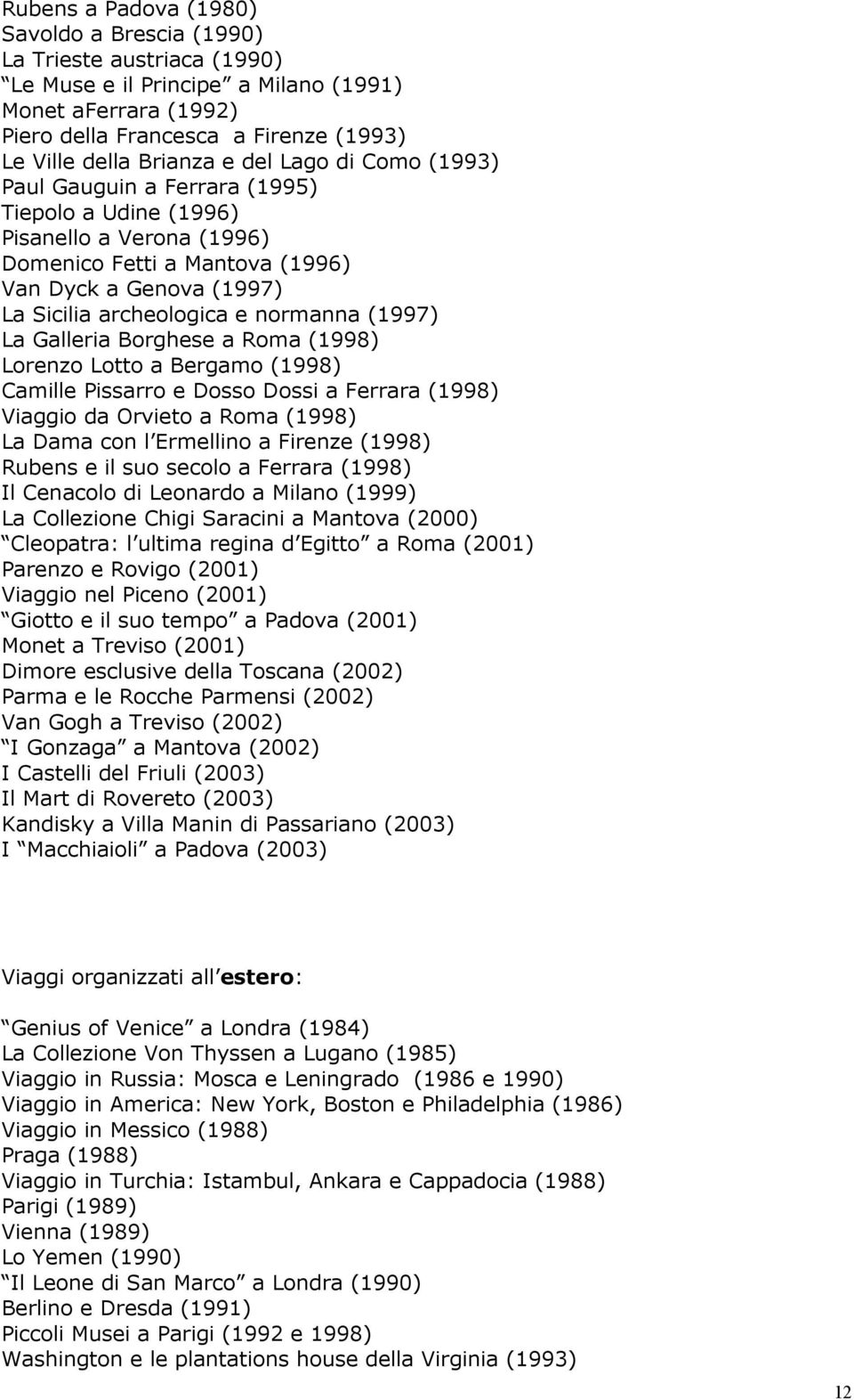 (1997) La Galleria Borghese a Roma (1998) Lorenzo Lotto a Bergamo (1998) Camille Pissarro e Dosso Dossi a Ferrara (1998) Viaggio da Orvieto a Roma (1998) La Dama con l Ermellino a Firenze (1998)