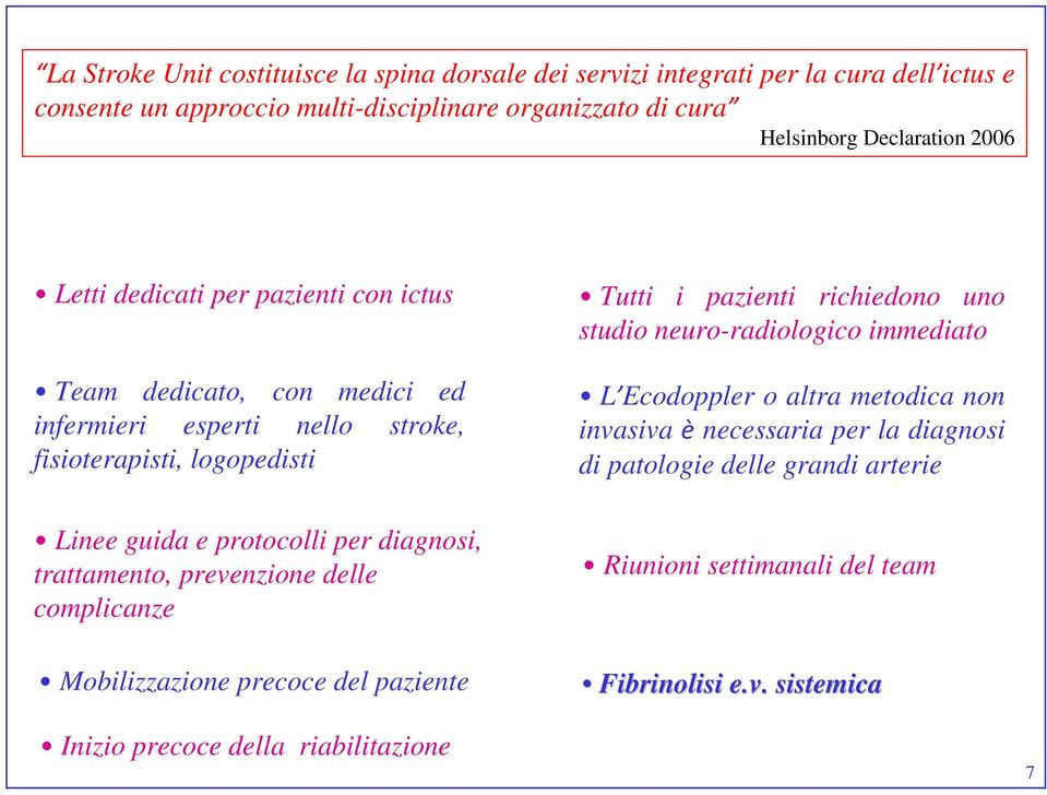 per diagsi, trattamento, prevenzione delle complicanze Mobilizzazione precoce del paziente Tutti i pazienti richiedo u studio neuro-radiologico immediato L Ecodoppler o