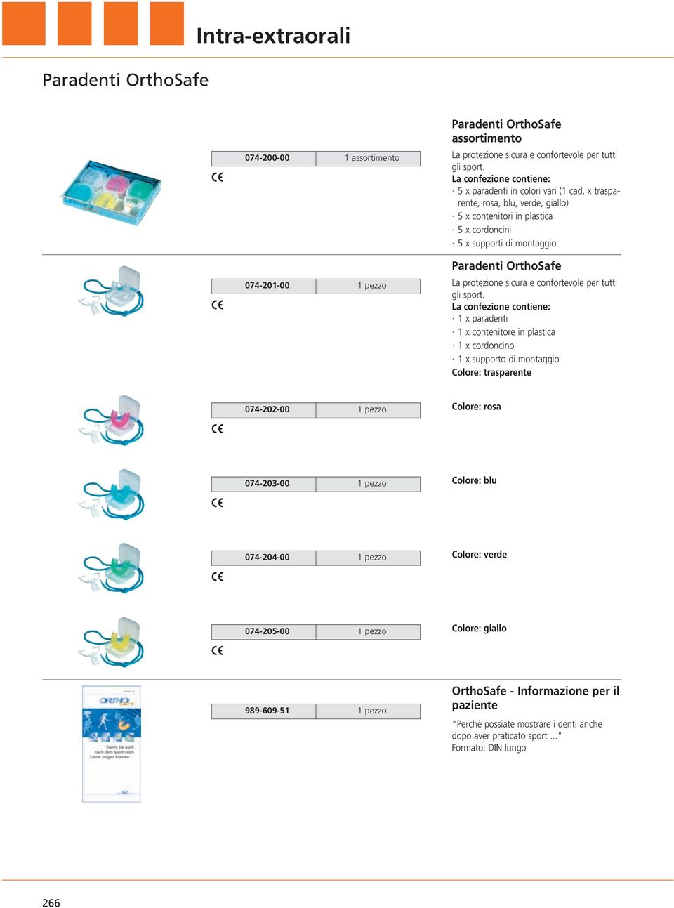 x trasparente, rosa, blu, verde, giallo) 5 x contenitori in plastica 5 x cordoncini 5 x supporti di montaggio Paradenti OrthoSafe La protezione sicura e confortevole per tutti gli sport.