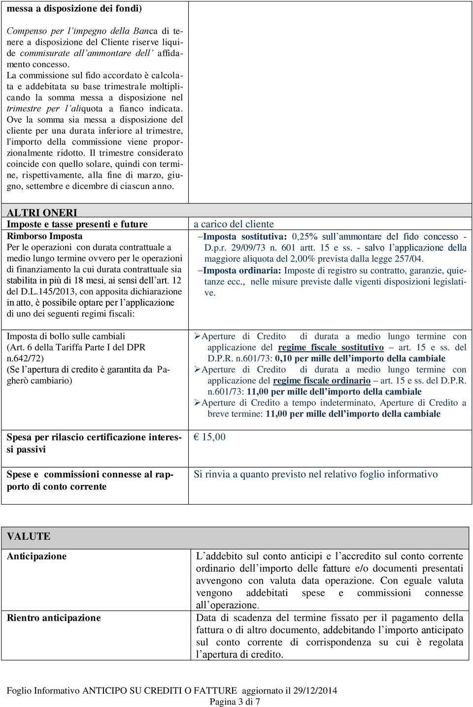 Ove la somma sia messa a disposizione del cliente per una durata inferiore al trimestre, l'importo della commissione viene proporzionalmente ridotto.