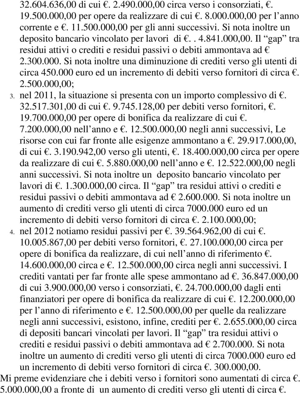 000 euro ed un incremento di debiti verso fornitori di circa. 2.500.000,00; 3. nel 2011, la situazione si presenta con un importo complessivo di. 32.517.301,00 di cui. 9.745.