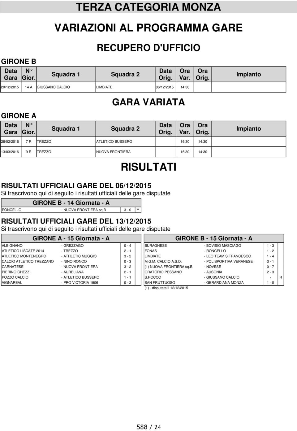 Impianto 28/02/2016 7 R TREZZO ATLETICO BUSSERO 16:30 14:30 13/03/2016 9 R TREZZO NUOVA FRONTIERA 16:30 14:30 RISULTATI RISULTATI UFFICIALI GARE DEL 06/12/2015 Si trascrivono qui di seguito i