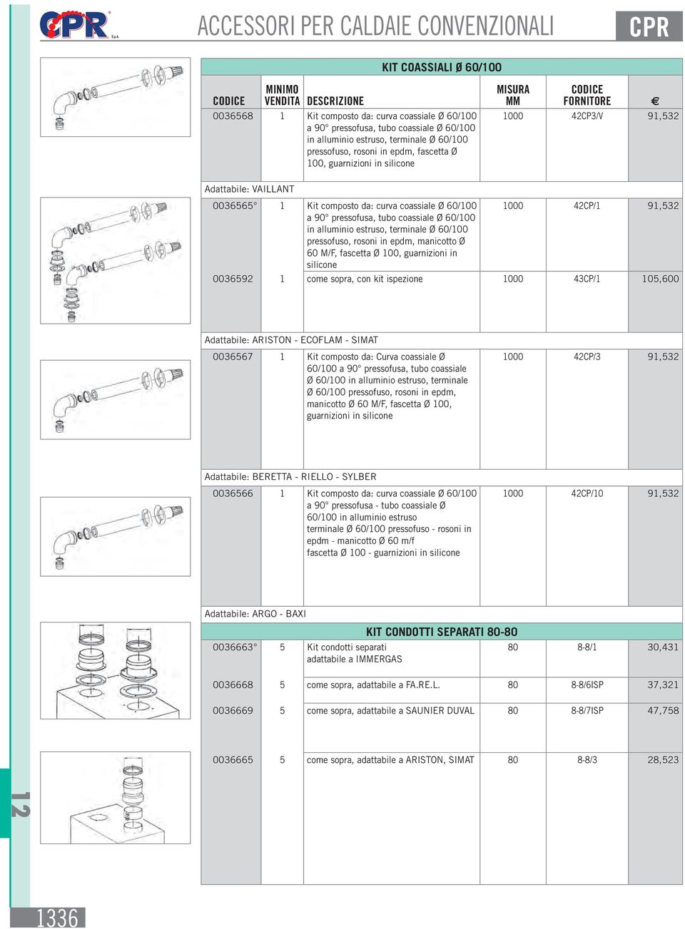 91,532 a 90 pressofusa, tubo coassiale Ø 60/100 in alluminio estruso, terminale Ø 60/100 pressofuso, rosoni in epdm, manicotto Ø 60 M/F, fascetta Ø 100, guarnizioni in silicone 0036592 1 come sopra,