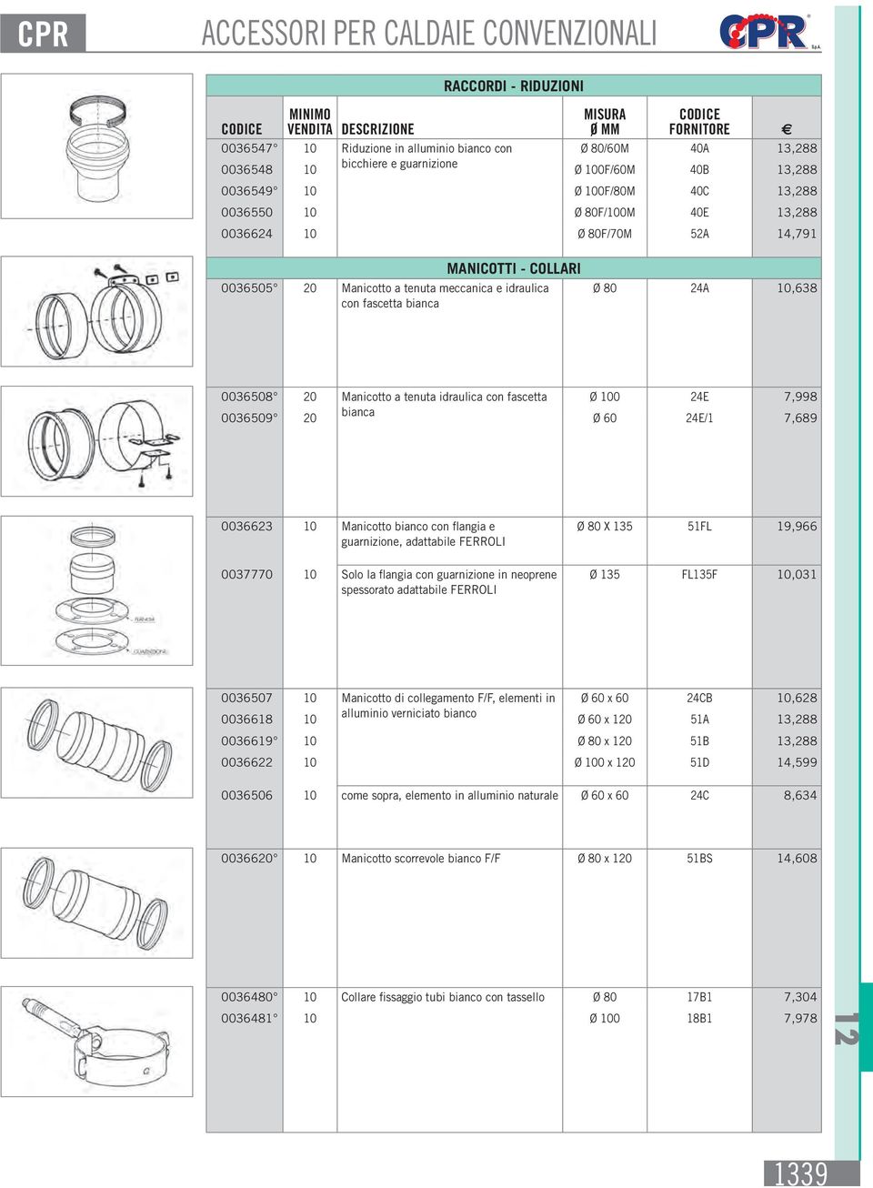 80 24A 10,638 0036508 20 Manicotto a tenuta idraulica con fascetta Ø 100 24E 7,998 0036509 20 bianca Ø 60 24E/1 7,689 0036623 10 Manicotto bianco con flangia e guarnizione, adattabile FERROLI 0037770