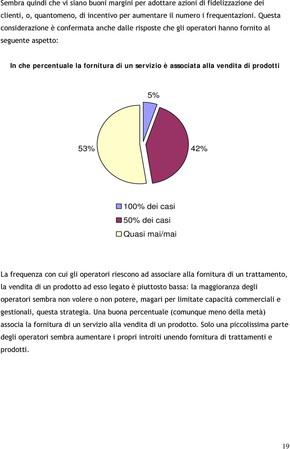 42% 100% dei casi 50% dei casi Quasi mai/mai La frequenza con cui gli operatori riescono ad associare alla fornitura di un trattamento, la vendita di un prodotto ad esso legato è piuttosto bassa: la