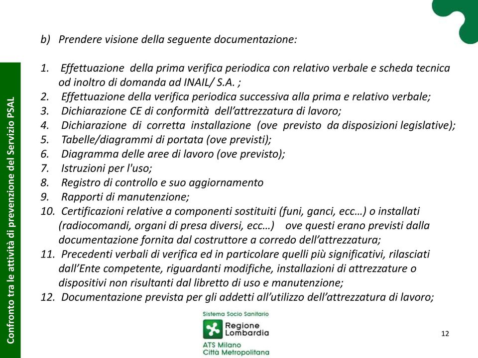 Dichiarazione di corretta installazione (ove previsto da disposizioni legislative); 5. Tabelle/diagrammi di portata (ove previsti); 6. Diagramma delle aree di lavoro (ove previsto); 7.