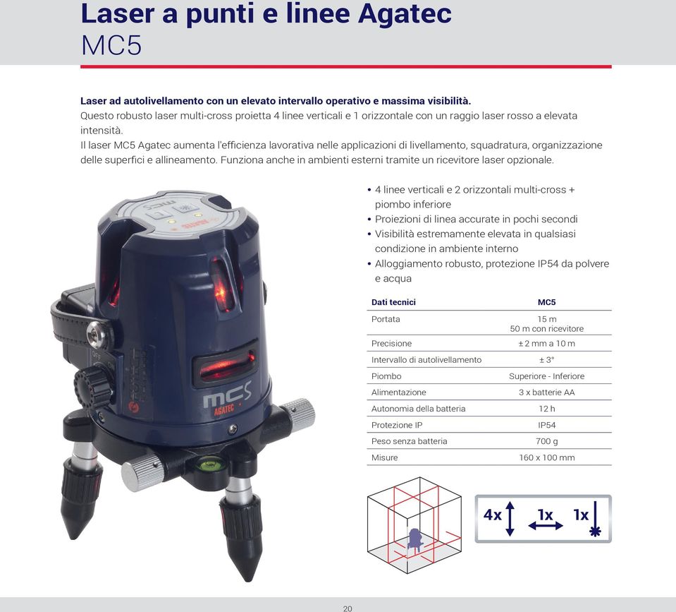 Il laser MC5 Agatec aumenta l'efficienza lavorativa nelle applicazioni di livellamento, squadratura, organizzazione delle superfici e allineamento.