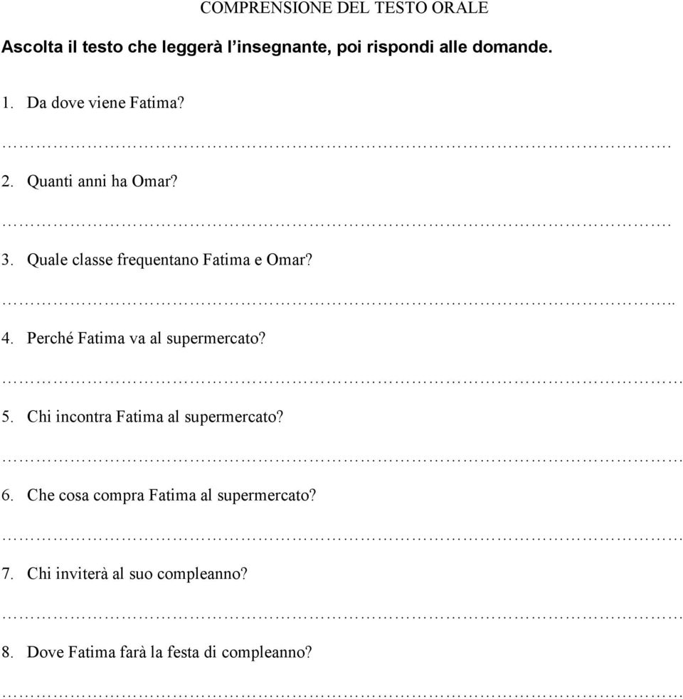 Perché Fatima va al supermercato? 5. Chi incontra Fatima al supermercato? 6.