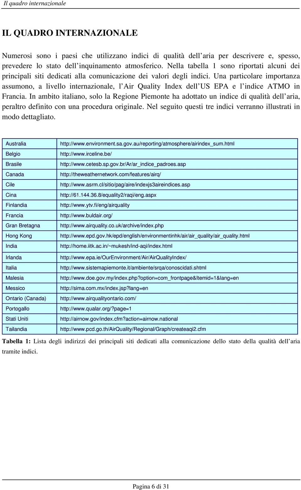 Una particolare importanza assumono, a livello internazionale, l Air Quality Index dell US EPA e l indice ATMO in Francia.