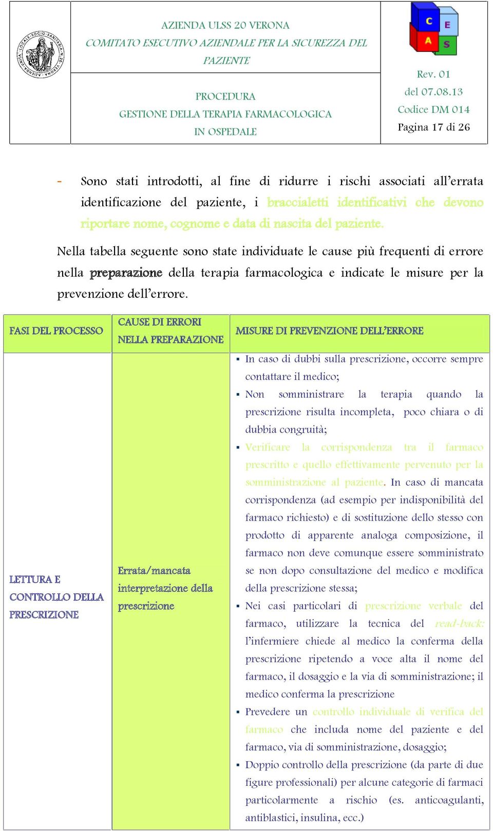 FASI DEL PROCESSO LETTURA E CONTROLLO DELLA PRESCRIZIONE CAUSE DI ERRORI NELLA PREPARAZIONE Errata/mancata interpretazione della prescrizione MISURE DI PREVENZIONE DELL ERRORE In caso di dubbi sulla