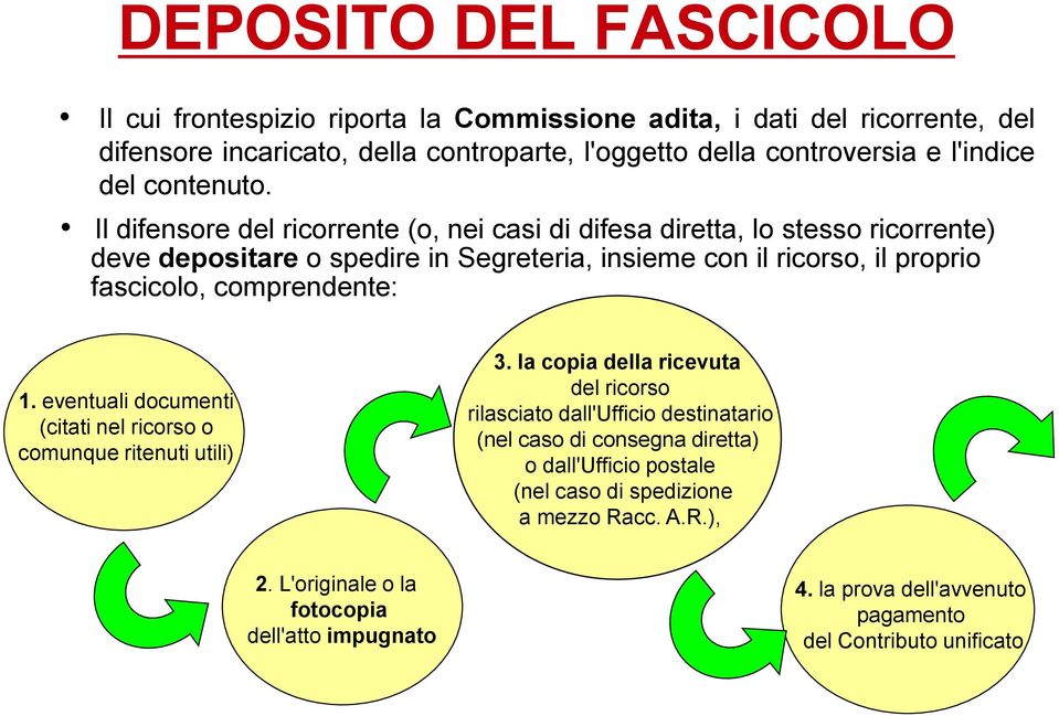 Il difensore del ricorrente (o, nei casi di difesa diretta, lo stesso ricorrente) deve depositare o spedire in Segreteria, insieme con il ricorso, il proprio fascicolo, comprendente: