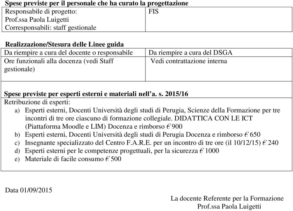 riempire a cura del DSGA Vedi contrattazione interna Spese previste per esperti esterni e materiali nell a. s.