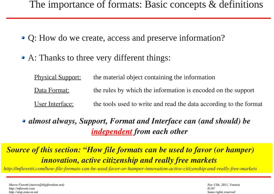 support User Interface: the tools used to write and read the data according to the format almost always, Support, Format and Interface can (and should) be independent from