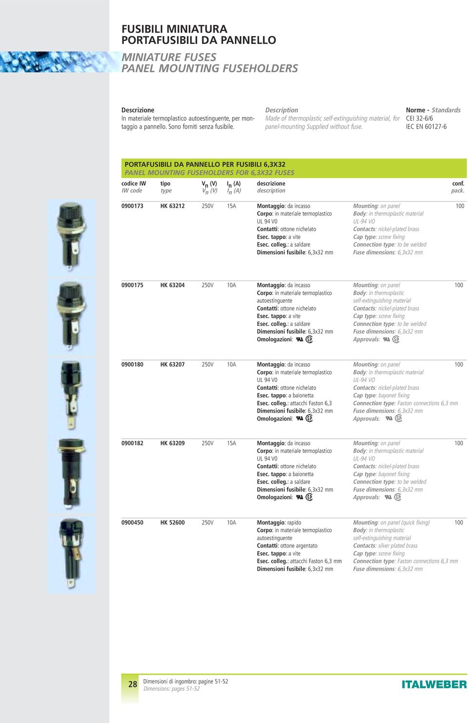 Norme - Standards CEI 32-6/6 IEC EN 60127-6 PORTAFUSIBILI DA PANNELLO PER FUSIBILI 6,3X32 PANEL MOUNTING FUSEHOLDERS FOR 6,3X32 FUSES codice IW tipo V n (V) I n (A) descrizione conf.