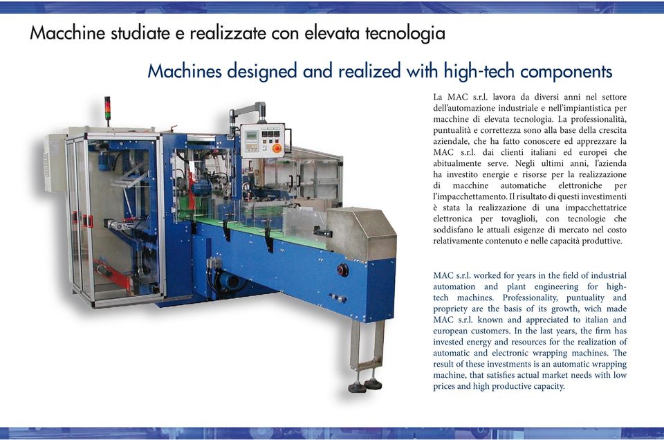 Negli ultimi anni, l azienda ha investito energie e risorse per la realizzazione di macchine automatiche elettroniche per l impacchettamento.