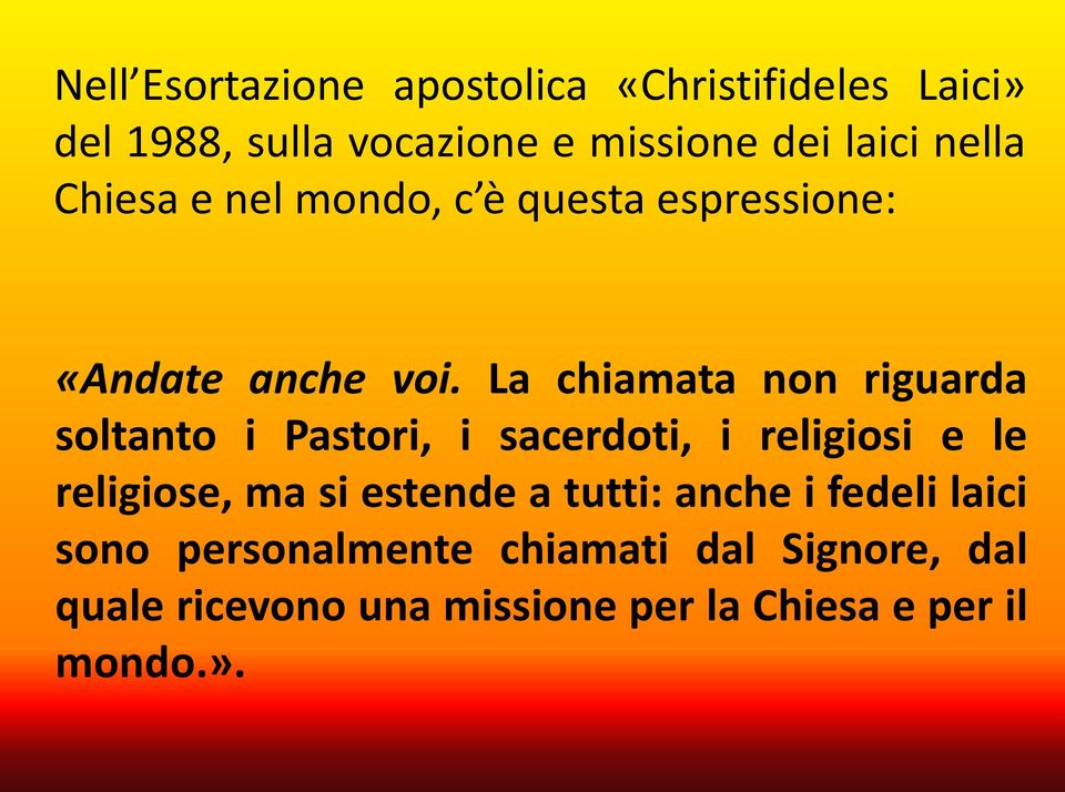 La chiamata non riguarda soltanto i Pastori, i sacerdoti, i religiosi e le religiose, ma si estende