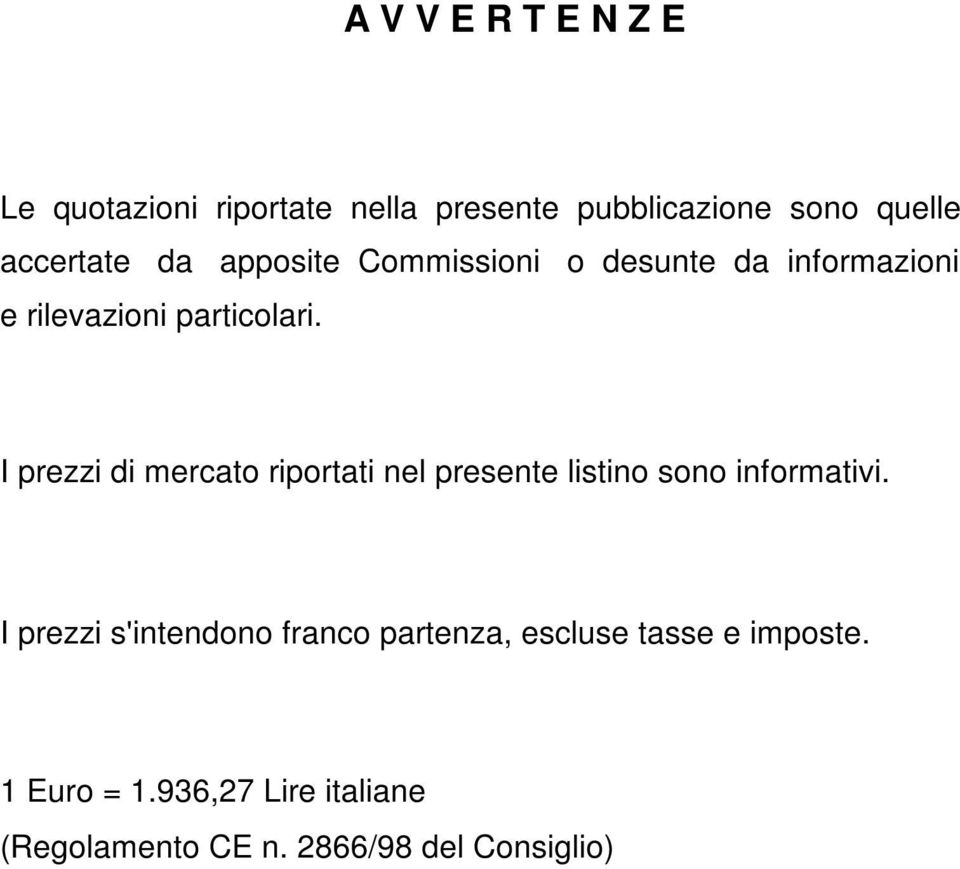 I prezzi di mercato riportati nel presente listino sono informativi.