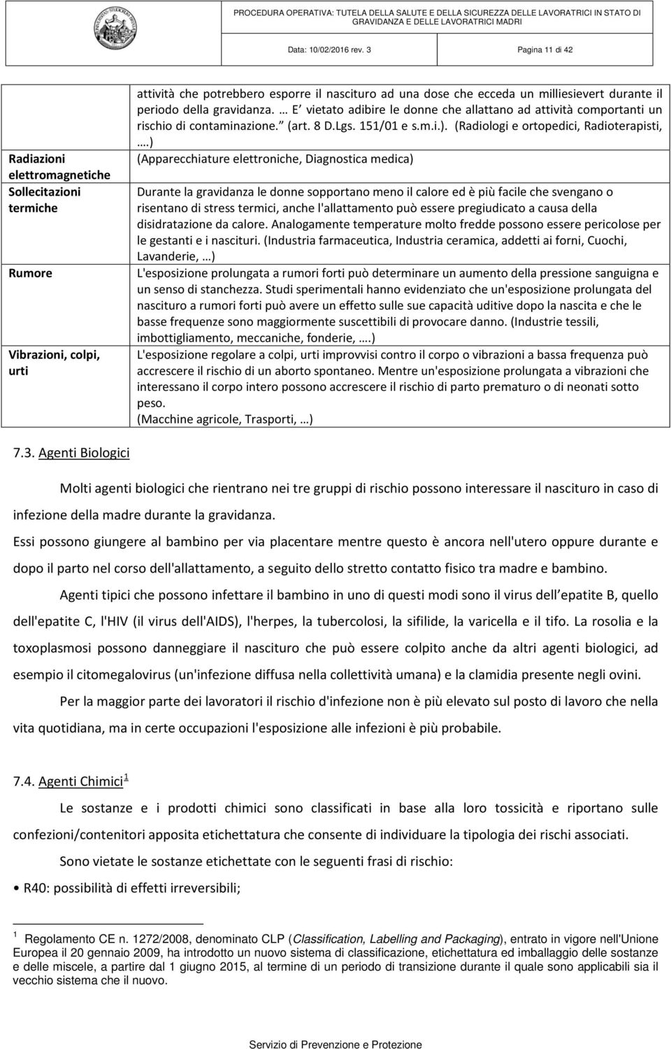 periodo della gravidanza. E vietato adibire le donne che allattano ad attività comportanti un rischio di contaminazione. (art. 8 D.Lgs. 151/01 e s.m.i.). (Radiologi e ortopedici, Radioterapisti,.