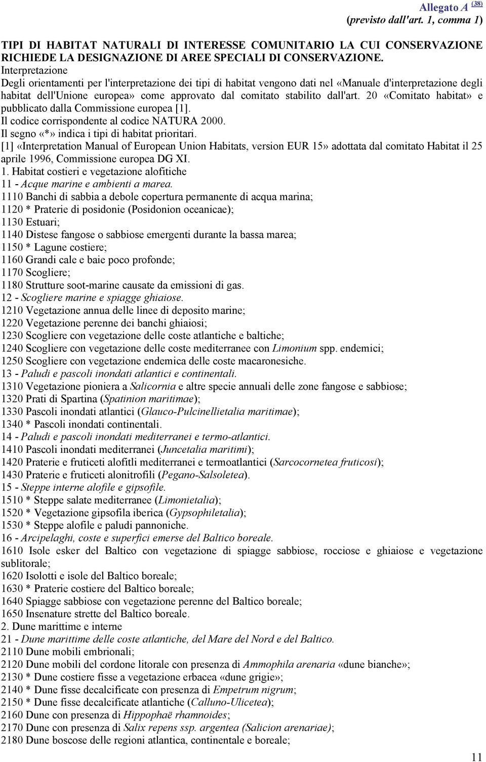 dall'art. 20 «Comitato habitat» e pubblicato dalla Commissione europea [1]. Il codice corrispondente al codice NATURA 2000. Il segno «*» indica i tipi di habitat prioritari.