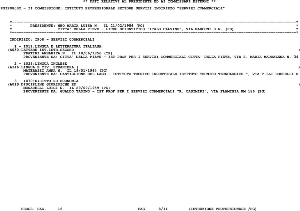 IL 18/06/1956 (TR) PROVENIENTE DA: CITTA' DELLA PIEVE - IST PROF PER I SERVIZI COMMERCIALI CITTA' DELLA PIEVE, VIA S. MARIA MADDALENA N. 34 2 - I028:LINGUA INGLESE MATERAZZI ANNA N.