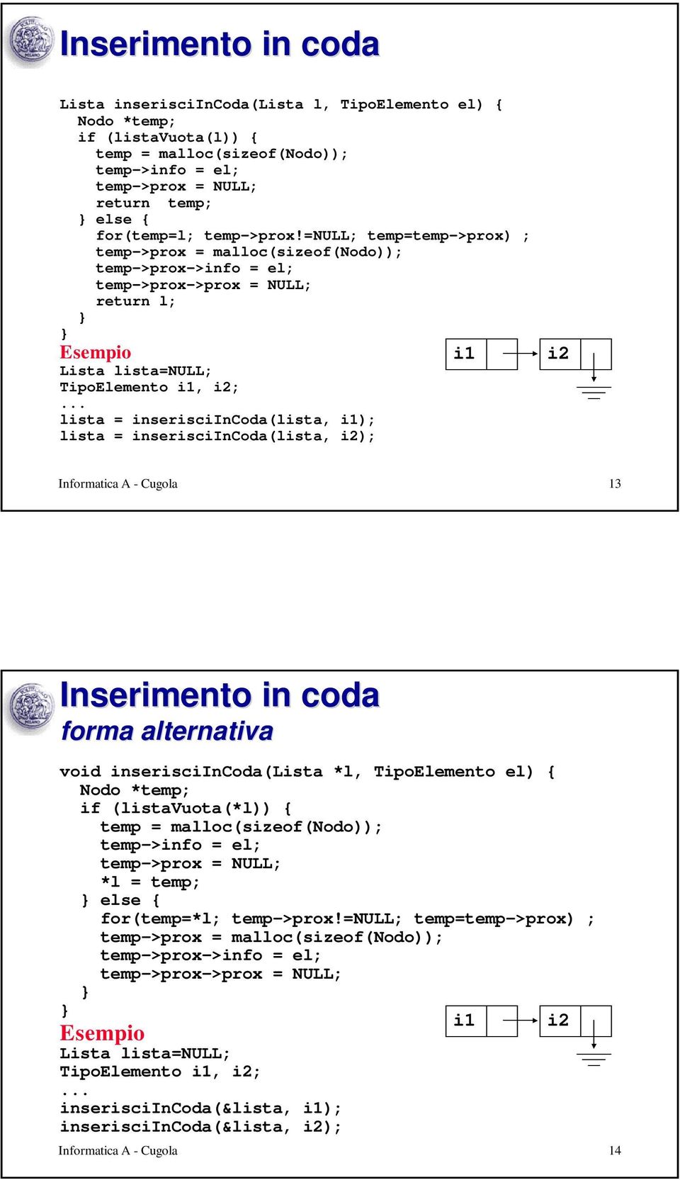 Informatica A - Cugola 13 Inserimento in coda forma alternativa void inserisciincoda(lista *l, TipoElemento el) { Nodo *temp; if (listavuota(*l)) { temp->info = el; temp->prox = NULL; *l = temp; else