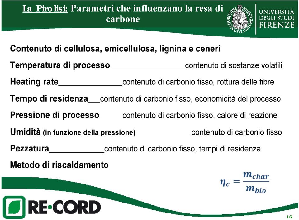 di carbonio fisso, economicità del processo Pressione di processo contenuto di carbonio fisso, calore di reazione Umidità (in