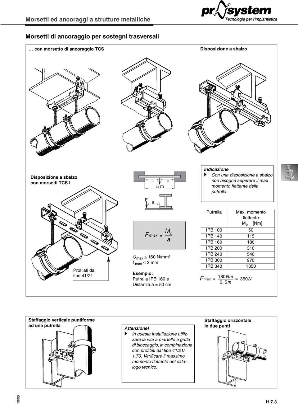 momento flettente M b [Nm] IPB 100 50 IPB 140 115 IPB 160 180 IPB 200 310 IPB 240 540 IPB 300 970 IPB 340 1350 180Nm Fmax = ------------------- = 0, 5m 360N Staffaggio verticale puntiforme ad una