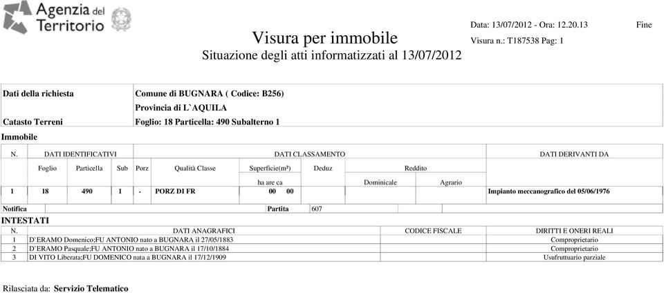 meccanografico del 05/06/1976 Notifica Partita 607 INTESTATI N.