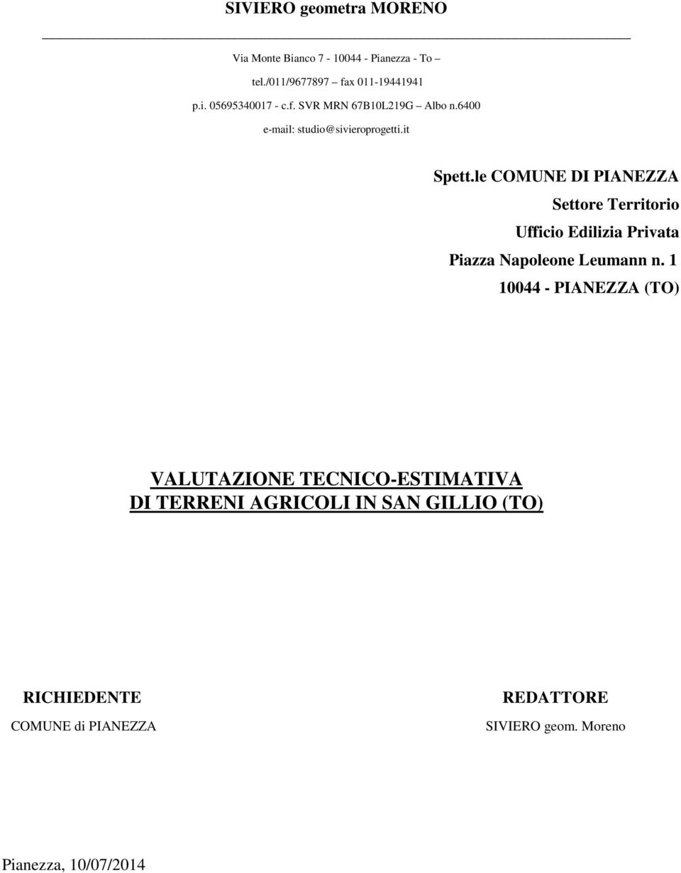 le COMUNE DI PIANEZZA Settore Territorio Ufficio Edilizia Privata Piazza Napoleone Leumann n.