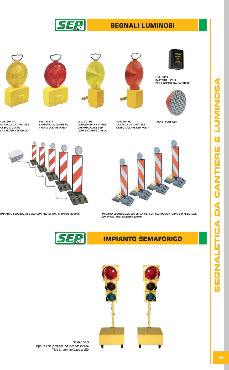 5018G LAMPADA DA CANTIERE CREPUSCOLARE LED LAMPEGGIANTE GIALLA cod. 5018R LAMPADA DA CANTIERE CREPUSCOLARE LED ROSSA cod.