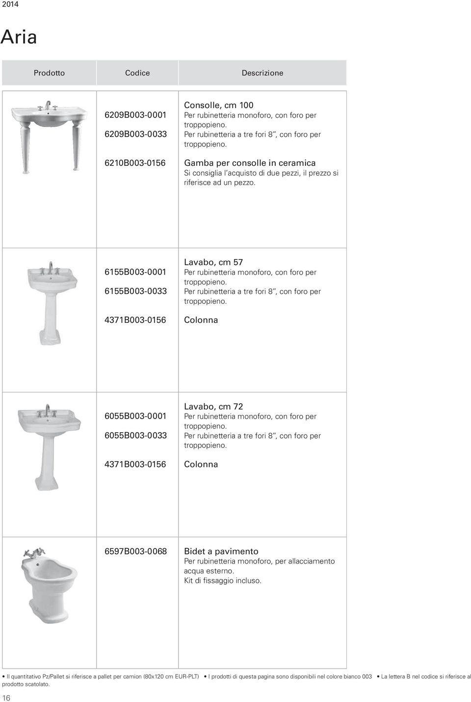 105,5 4,59 12 6155B003-0001 6155B003-0033 Lavabo, cm 57 Per rubinetteria monoforo, con foro per troppopieno. Per rubinetteria a tre fori 8, con foro per troppopieno.