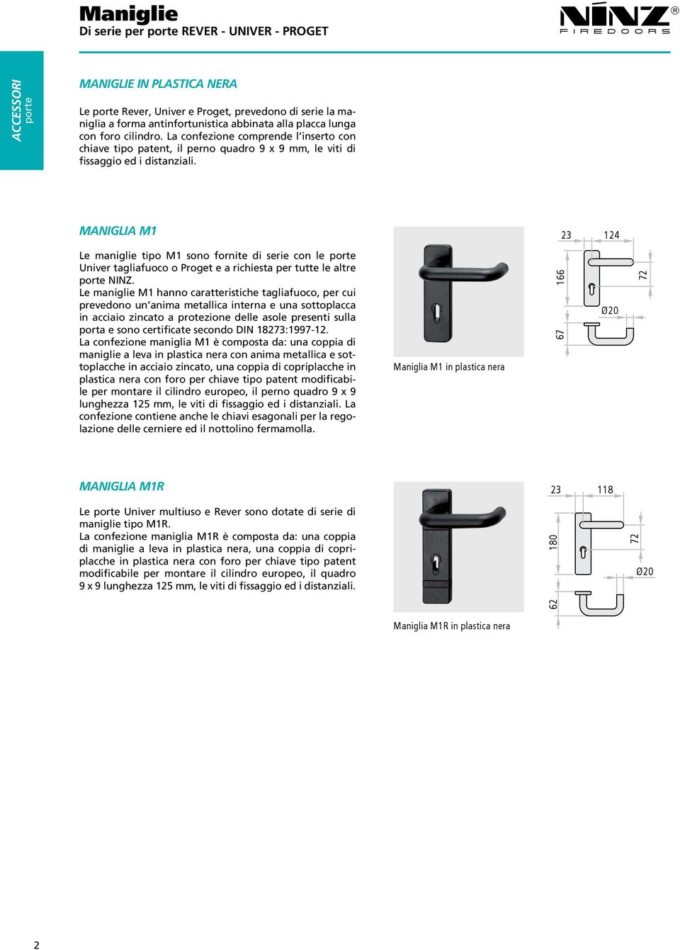 MANIGLIA M1 23 124 Le maniglie tipo M1 sono fornite di serie con le Univer tagliafuoco o Proget e a richiesta per tutte le altre NINZ.