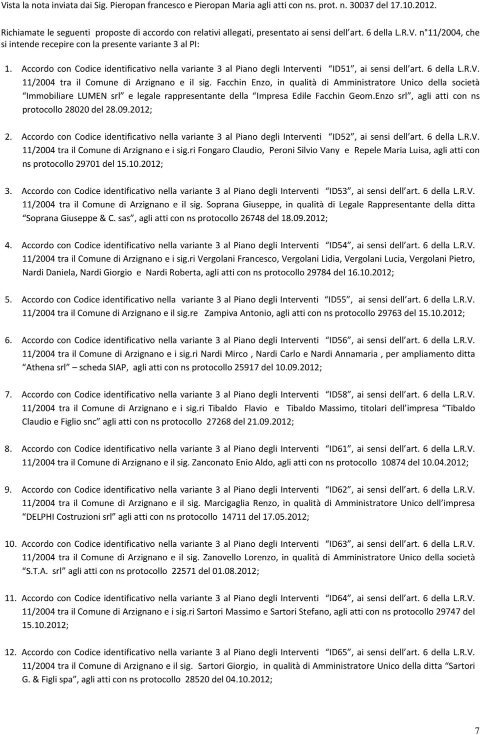 Accordo con Codice identificativo nella variante 3 al Piano degli Interventi ID51, ai sensi dell art. 6 della L.R.V. 11/2004 tra il Comune di Arzignano e il sig.