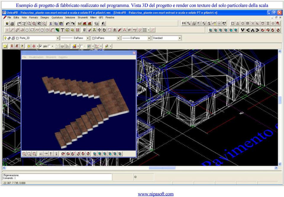 Vista 3D del progetto e render con